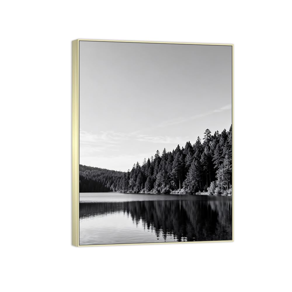 Forest Lake 2 Black White Landscape Canvas Picture 90x117cm Silver Frame