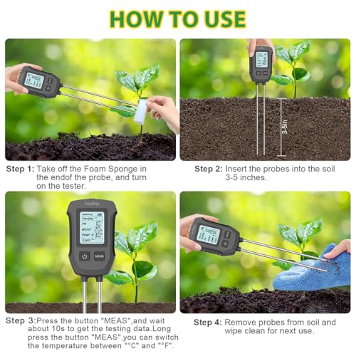Image of HASTHIP 5 in 1 Soil Meter Dual Probes Soil Moisture Meter for Fertility Moisture Temperature pH Sun Light LCD Digital Display Tester for Precision Agriculture Garden Plants (No Battery