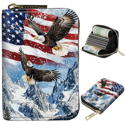 Image of Cute Credit Card Holder with Zipper, Eagle Iceberg American Flag RFID-Blocking Card Case Small Wallet for Women Men, Multi-slot Card Organizer Case Travel Accordion Wallet