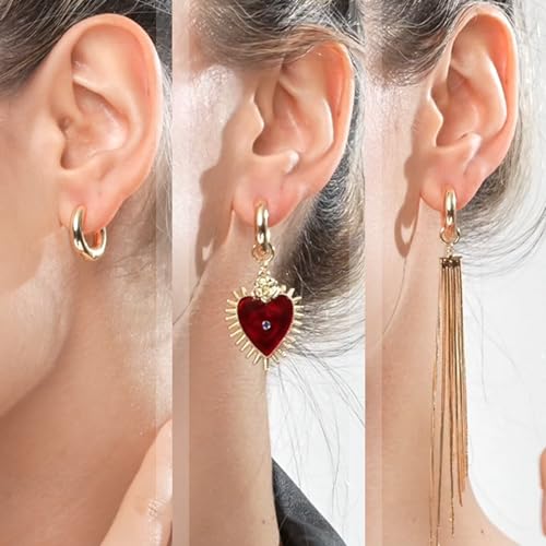 14K Gold Huggie Hoop Earrings for Women with 3 Charms - Baroque Pearl, Heart & Chain Dangles, Hypoallergenic Gift Set2