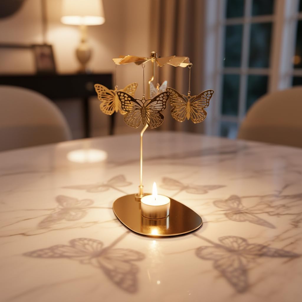 Round Triangular Tray Rotating Candlestick Scented Candle Romantic Revolving Lantern Creative Table Rotating Candle Holder, Spinning Candle Holder for Home Decoration, Party, Candlestick (Butterfly)