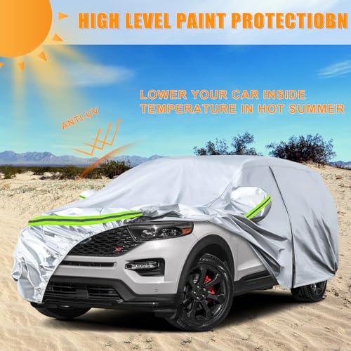 Image of Waterproof Car Covers Replace for 2011-2025 Ford Explorer, 6 Layers Silver All Weather Car Cover with Zipper Door & Windproof Bands for Snow Rain Dust Hail Protection