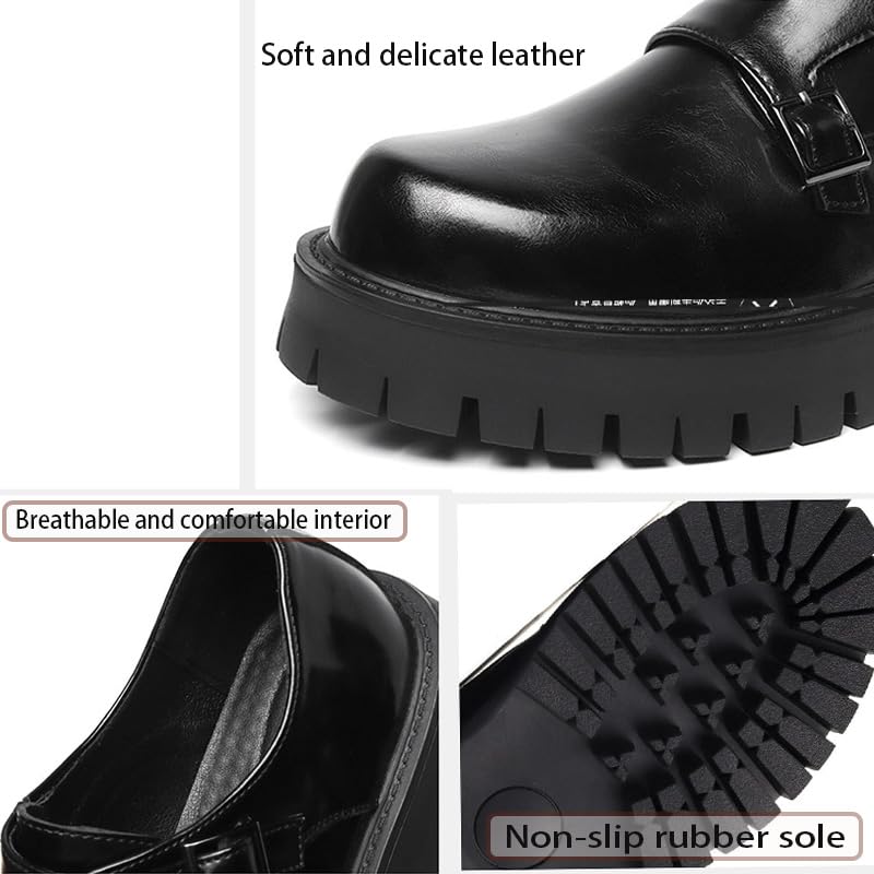 Men's Leather Black Business Platform Work Shoes Slip-on Double Monk Strap Dress Oxford Sneakers Fashion Non-Slip Low Top Walking Shoes4