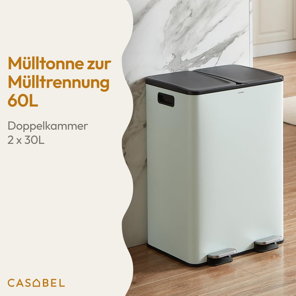 CASABEL Mülltrennung Mülleimer 60L, Küchenmülleimer 2x30L mit Pedal, fingerabdruckfreier Edelstahl, Doppelkammern, herausnehmbare Eimer, Griffe, leise Deckel, Mintgrün