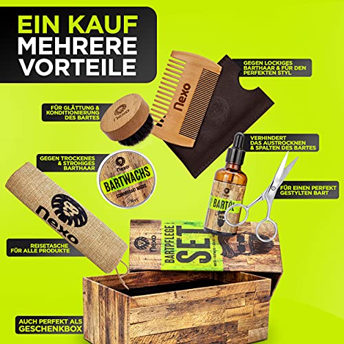 Foto von NEXO ® Bartpflege Set für Männer – [60] g Beard Balm & [50] ml Bartöl – Bartpflege Set mit Bartwachs + Bartöl + Bartschere + Bartbürste + Bartkamm – Ideales Geburtstagsgeschenk für Männer