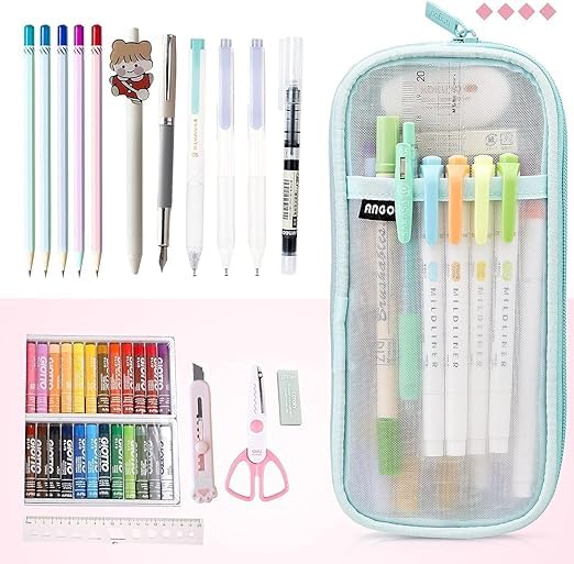 SINGARO Pencil Case Grid Pencil Pouch with 2 Compartments Stationery Bag for Boys Girls Teens Students Art School and Office Supplies (Sky Blue) 1