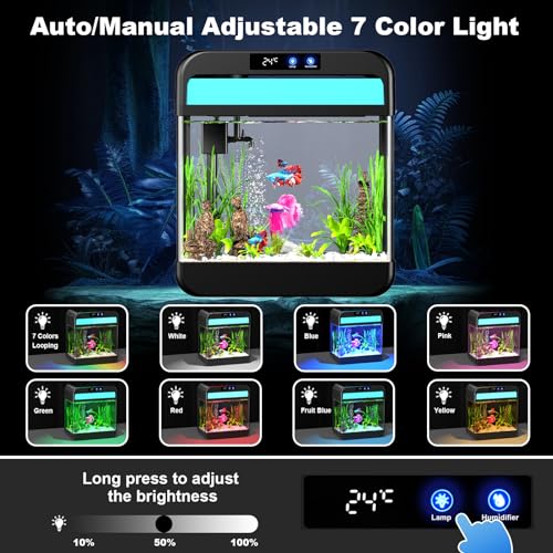 Fish Tank Aquarium 2.2 Gallon with Humidifier 7 Color Looping Light with Timer Self-Cleaning 3 in 1 Water Pump with Filteration & Oxygenation & Circulation, Temperature Display, HD Heat Bending Glass