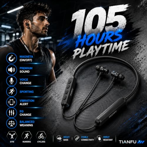 Image of Bluetooth Neckband Earphones with 105H Playtime, Wireless Bluetooth Headphones with ENC Noise Reduction, Built-in Equalizer Mode, Magnetic Earbuds, HD Calling Mic, Neckband Earphones - Black