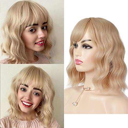 Short Blonde Cosplay Wavy Wigs with Air Bangs, Medium Length Bob Curly Pastel Wigs for Women, Natural looking Synthetic Colorful Daily Party Wig for Girls (12-Mix Blonde)