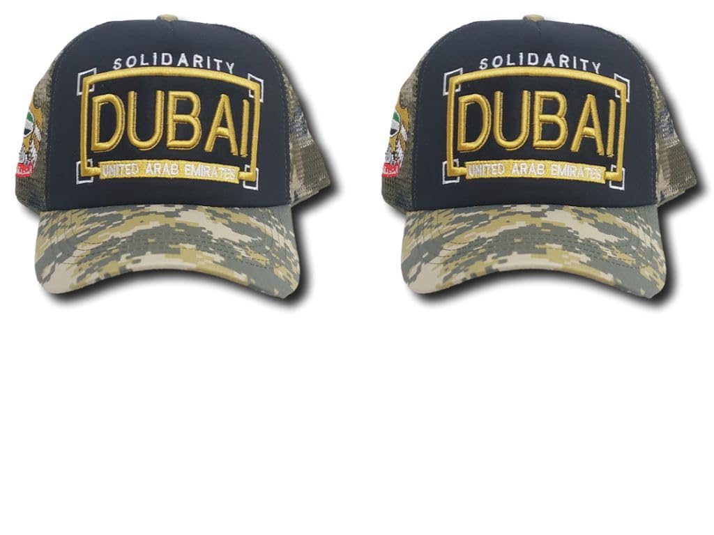Dubai Solidirity Caps, Military Camouflage Design, Ideal for Sports Picnics Excursions, UV and Sunlight Protection, Dubai Souvenir, Best for Campers and Treckking (Chequerred khakhi), Set of 2