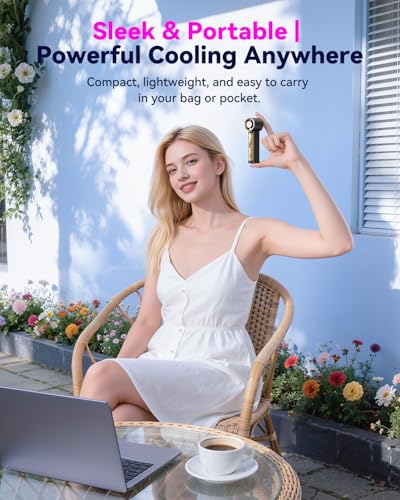 Image of DRORION Portable Mini Fan with Ice Cooling Function, 199 Speed Adjustable Handheld Fan, Rechargeable Personal Fan with Digital Display, Quiet Desk Fan for Travel, Office, Outdoor, Summer,Black gold