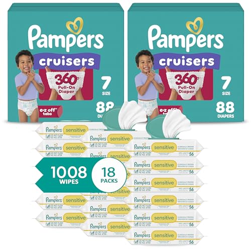 Pampers Pull On Cruisers 360° Fit Disposable Baby Diapers Size 7, 2 Months Supply (2 x 88 Count) with Sensitive Water Based Baby Wipes 12X Multi Pack Pop-Top and Refill (1008 Count) - image 1