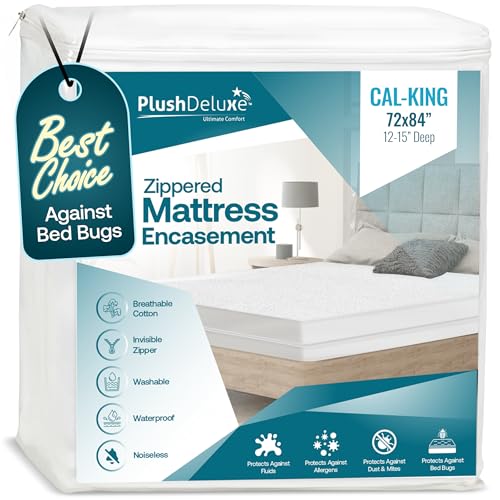 Image of PlushDeluxe California King Premium Mattress Encasement - Zippered Waterproof, Bedbug Proof Design, 6-Sided Protection - Hypoallergenic Cotton Terry Fabric 12-15 inch Depth