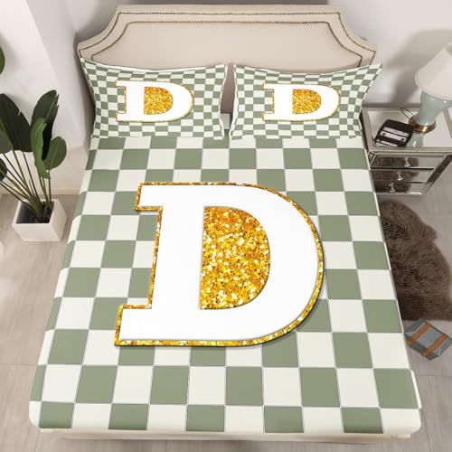 Image of Erosebridal Sage Green Checkered Bed Sheets Full Plaid Initial D Sheet Set Personalized Monogram Bedding Set for Kids Boys Girls,Fashion Grids Gingham Fitted Flat Sheets 4 Piece