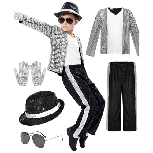 meiodtion Deguisement Roi de la Pop Garcon 5 Pieces à Années 80-90 Veste A Paillettes Argentees Pantalon Chapeau Lunettes Gants Pour Halloween Carnaval Cosplay Spectacle Enfant 4-12 Ans