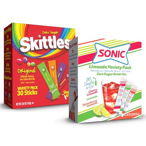 Sonic &amp; Skittles Original Singles To Go, 60 Count Variety Pack, Watertok Powdered Drink Mix, Includes Limeade, Cherry Limeade, Strawberry Limeade, Green Apple, Strawberry, Grape, Orange