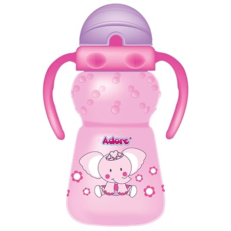 Adore Zing Twin Handle Straw Cup| Baby Water Bottle for Kids | Plastic BPA Free Straw Sipper for Baby & Toddlers - 300 ml (Pink)