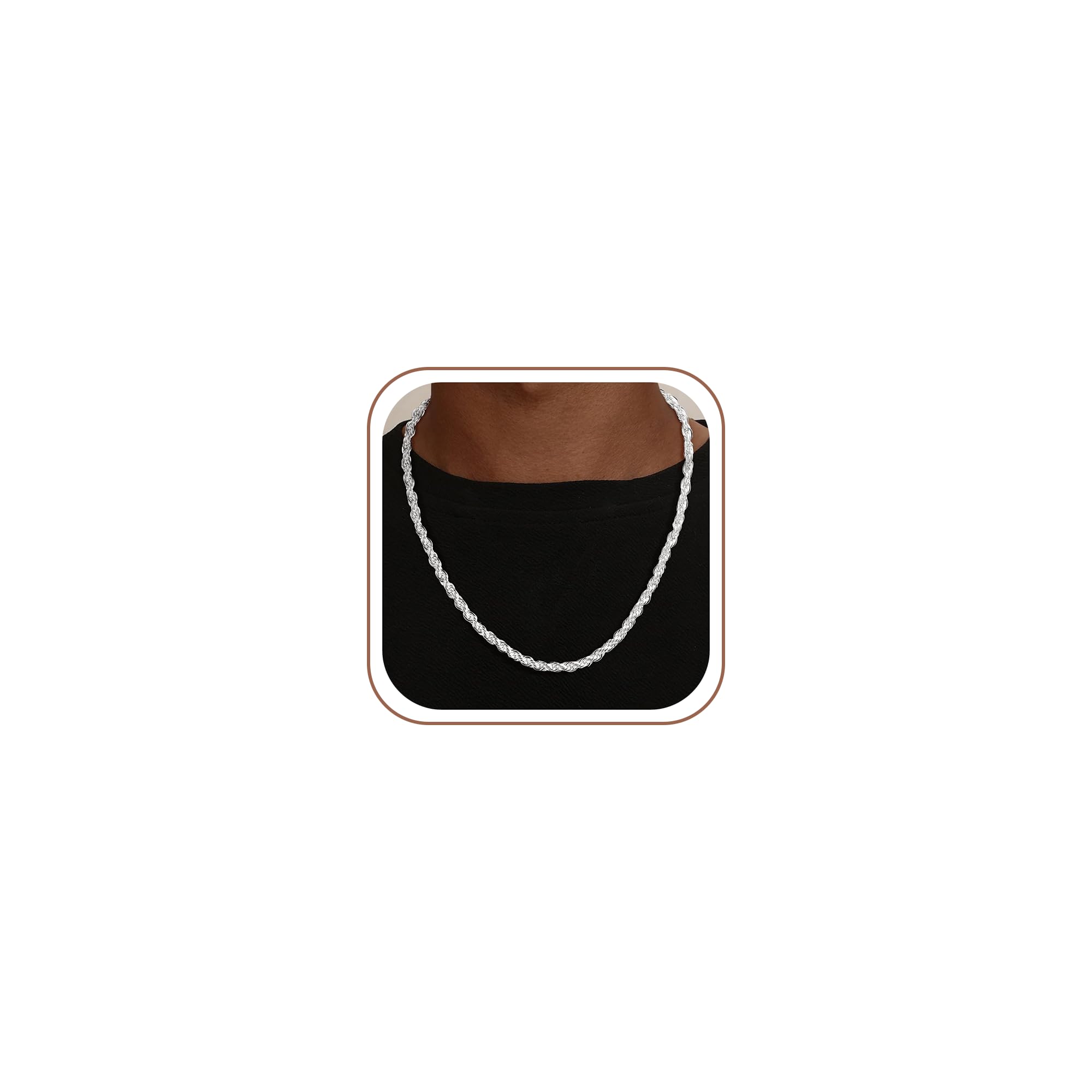 SLOONG 4MM Breit Rope Kette Herren 925 Silber Over | Silber Rope Chain Halskette Jewelry Schmuck Geschenke für Männer Papa Freund Längen 46/51/56/61/66CM