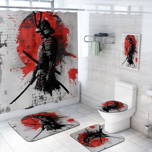 4 Pcs Japanese Samurai Anime Shower Curtain Set...