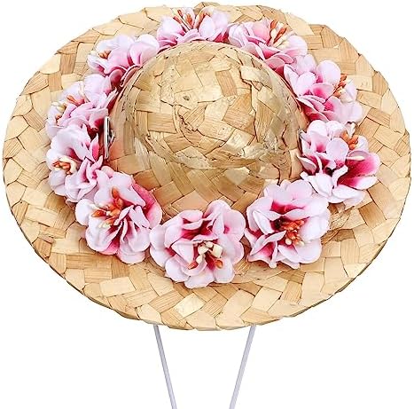 POPETPOP Dog Straw Hats with Floral-Pet Sombrero Adjustable Hawaii Garden Sun Bucket Cap for Small Dogs Puppy Cats-Size M