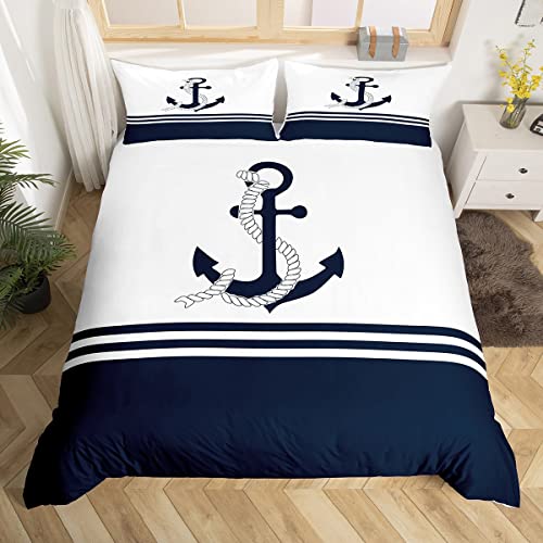 Ancre Décor Parure de Lit 220x240cm Enfants Nautique Thèmes Sets de Housse de Couette La Mer Côtière Housse de Couette Respirabilité Mer Adventure Marine Bleu Blanc...
