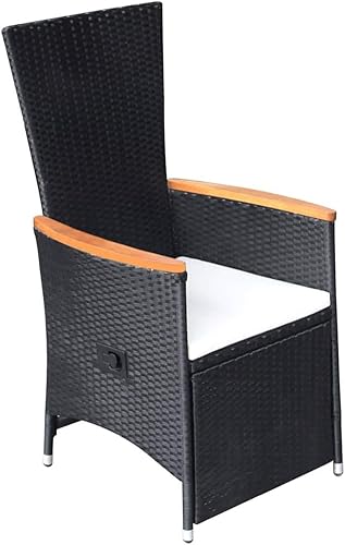 Miniatura 4 de Sillas de patio reclinables 2 piezas con cojines de ratán de poliéster negro, comedor al aire libre, sillas exteriores Sillas para Comedor para