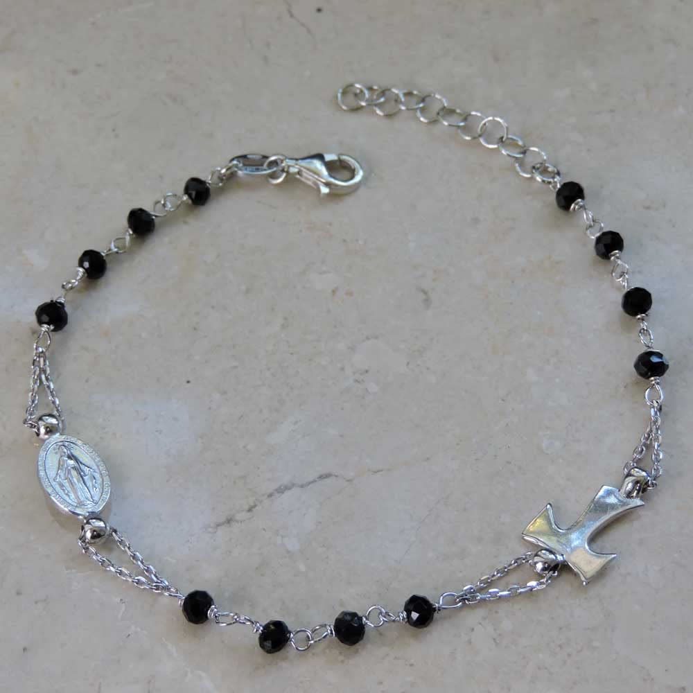 Bracciale Rosario Tau in Argento 925 e Zirconi Neri