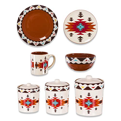 Image of Paseo Road Del Sol Aztec 19 Piece Ceramic Dinnerware Set with Plates, Bowls, Mugs, Canisters, Southwestern Rustic Cabin Lodge Style