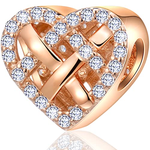 Oro rosa Tessitura Nodo Cuore Charms adatta Pandora San Valentino Braccialetto Collana, 925 Argento Sterling Infinito Nodo Perline con CZ Chiaro, Regali per Moglie/Migliore Mamma/Fidanzata