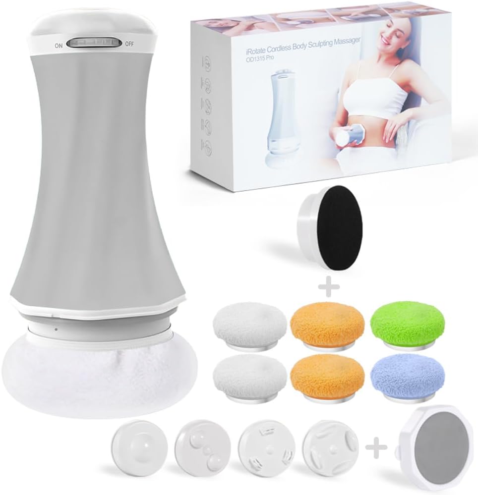 Cordless Cellulite Massager and Body Sculpting Machine Electric - Rechargeable, Night Light for Belly Legs Butt Arms Back Shoulder, w/ Sculpting Head, 4 Massage Heads, 6 Washable Pads, Mesh Cover Gray