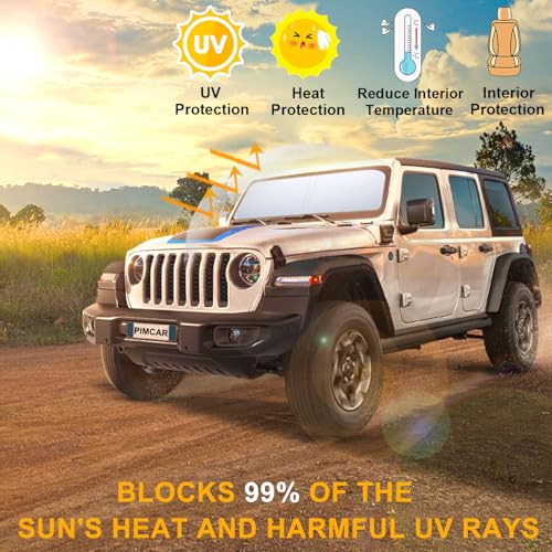 Image of Premium Windshield Sun Shade for 2018-2026 Jeep Wrangler JL JLU & 2020-2026 Jeep Gladiator, Reflective 310T Material Front Window Sun Visor Blocks UV Rays Foldable Sunshade with Storage Pouch