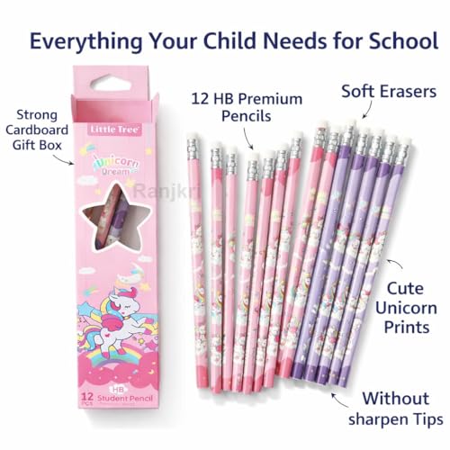 Image of Unicorn Dream HB Pencil Set for Kids (12 Pcs) | Cute Printed Wooden Student Pencils with Eraser | Dark Smooth Writing, Break Resistant Lead | School Stationery Gift Return Gifts for Girls Boys