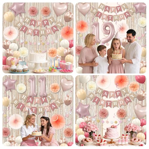 11th Birthday Decorations for Girls,Boho Pink Happy 11th Birthday Banner with Fringe Curtain,Paper Pom Poms,Number 11 Balloons, Circle Dots Garland,Neutral Party Decor 11 Years Old by iCoofun - Used condition - Image 4