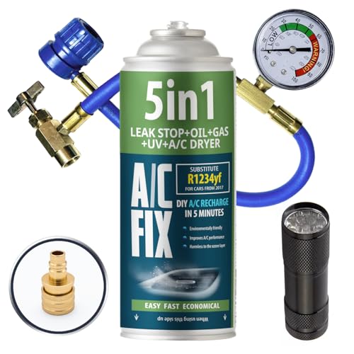 AC FIX 5-in-1 – R1234yf + Hose + Flashlight + Adapter Refrigerant for Car Air Conditioning with Oil, Sealant, UV Dye, Desiccant – Quick Application – Protects the Compressor