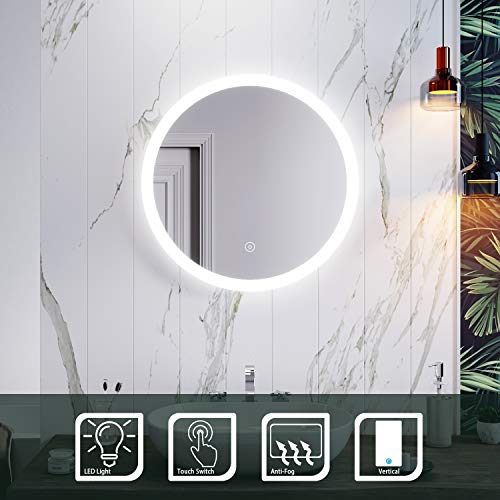 ELEGANT Round Waterproof Illuminated LED Bathroom Mirror Wall Makeup Mirrors with White Light Sensor Touch control and Demister Pad - 600x600mm