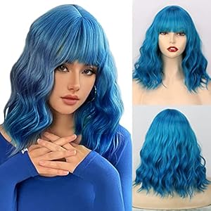 ZPRESS Short Blue Wigs with Bangs Wavy Bob Blue Wigs for Women Syntheic Cosplay Short Dark Blue Wavy Wig for Girls Halloween Party Colorful Wigs