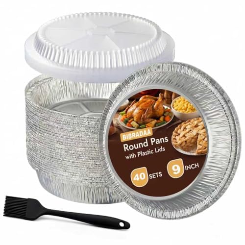 BIBRADAA 40 Pack 9 Round Disposable Aluminum Pans with Lids Aluminum Foil Pans Plus300pcswith Baking Parchment Air Fryer Paper Liners hamburger patty paperBasting Brushes. (40 Pack rd w/Lids)