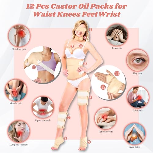 Castor Oil Pack Wrap, 12 Pcs Reusable Castor Oil Pack Kit Organic Cotton for Shoulder Hands Neck Waist Chest Knees and Feet, Adjustable Compress Pads for Entire Body