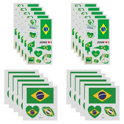 YIPFEN 20 Hojas Tatuajes Temporales Brasil, Pegatinas de Bandera Impermeables, 2 Diseños Diferentes con 10 Hojas Cada Uno, Tatuajes de Brasil para Fans de la Copa Mundial 2026 y Decoración de Fiestas