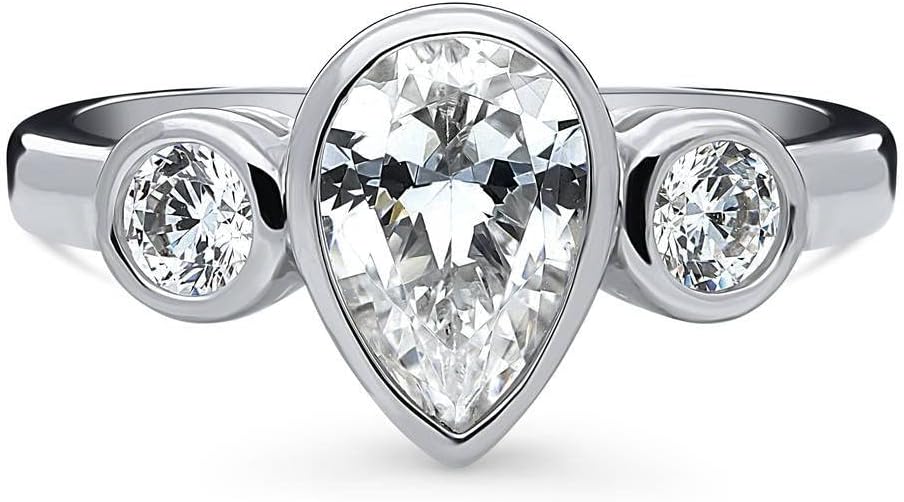 BERRICLE Sterling Silver CZ 3-Stone Wedding Engagement Promise Ring for Her, Bezel Set Cubic Zirconia Ring - Cushion, Pear Cut