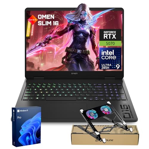 Image of HP OMEN 16 Slim RTX 5070 Gaming Laptop, Intel Ultra 9 285H, NVIDIA RTX 5070, HyperX Audio, 16 inch FHD+ Anti-Glare, 32GB DDR5, 2TB SSD, 4-Zone RGB Backlit KB, Windows 11 Pro, Bundle Laptop Cooler