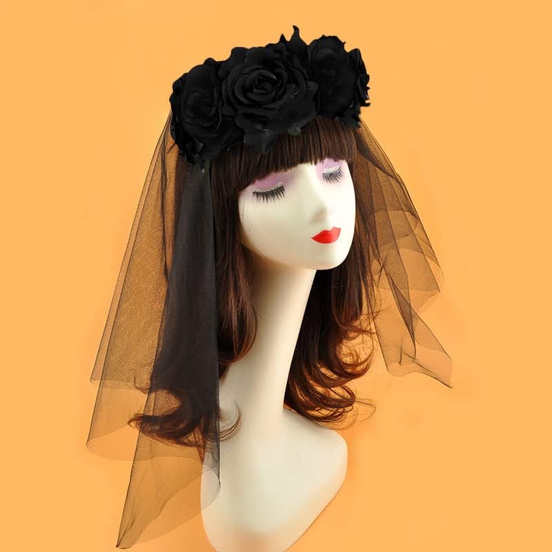 Miniatura 4 de HAOZAIKEJI Halloween Fantasma Novia Velo Floral Corona Tocado Muerto Zombie Headwear Bruja Negro Encaje Corona Fiesta Fantasía