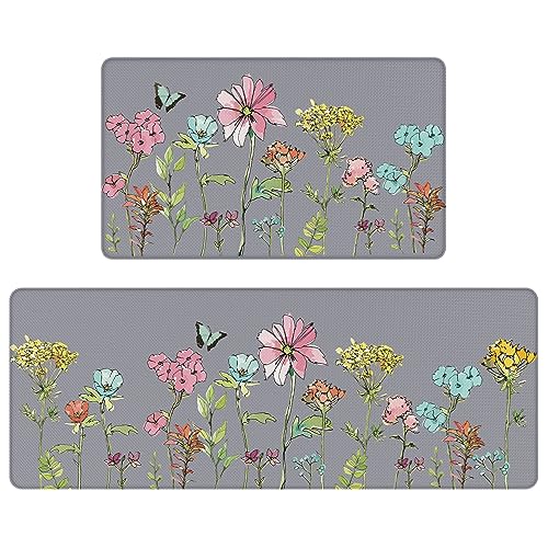 Tapetes para Cocina 2 Piezas Gris Flores Coloridas Antideslizante