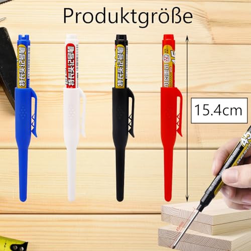 Nurila Tieflochmarker, 4 Stück 45mm Extralange Spitze Bohrlochmarker, Ölige nachfüllbare Tinte Tiefenlochmarker, Markierungsstift für Holz Keramik Kunststoff Karton Wand Baustelle, Lochmarker