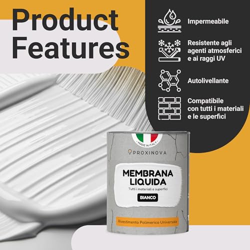 Membrana Liquida Impermeabilizzante Bianca Proxinova 2KG- Impermeabilizzante Terrazzi, Tetti E Camini, Guaina Liquida Calpestabile Per Esterni, Ideale Per Riparare Grondaie E Piatti Doccia - 2