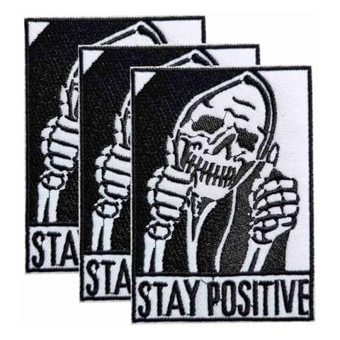 3Pieces Stay Positive Thumbs-up Skull Iron On Sew On Patch, Embroidered Patch Emblem Badge for Clothes Hats Bags Shoes Backpacks Jeans Cover