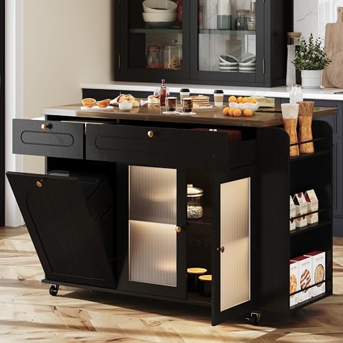 COCO DESIGN 58" Rolling Kitchen Island with Power Outlet, LED