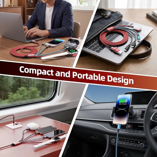 Image of Travel Essentials Dual Type-C Port 4 in 2 Multi Charging Cable for iWatch Charger /iPhone 17 /IP, Cruise Vacation Camping Essentials 2026 for iWatch 11-2 /Ultra,iPhone 17-8, GalaxyS26-S21,Car -2Pack,5FT