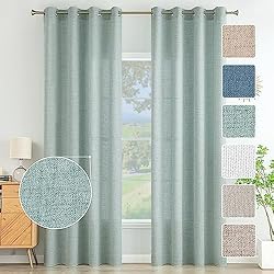 Visillo Verde Agua MIULEE Cortinas de Lino con Efecto de Anillos de Lino Sala de Estar Moderna Cortina de Voile Semitransparente Natural 2 Piezas 140 x 245 cm Agua Verde