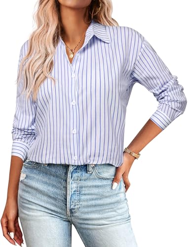 Zeagoo Striped Button Down Shirts for Women Casual Loose Long Sleeve Shirts Business Work Tunic Top